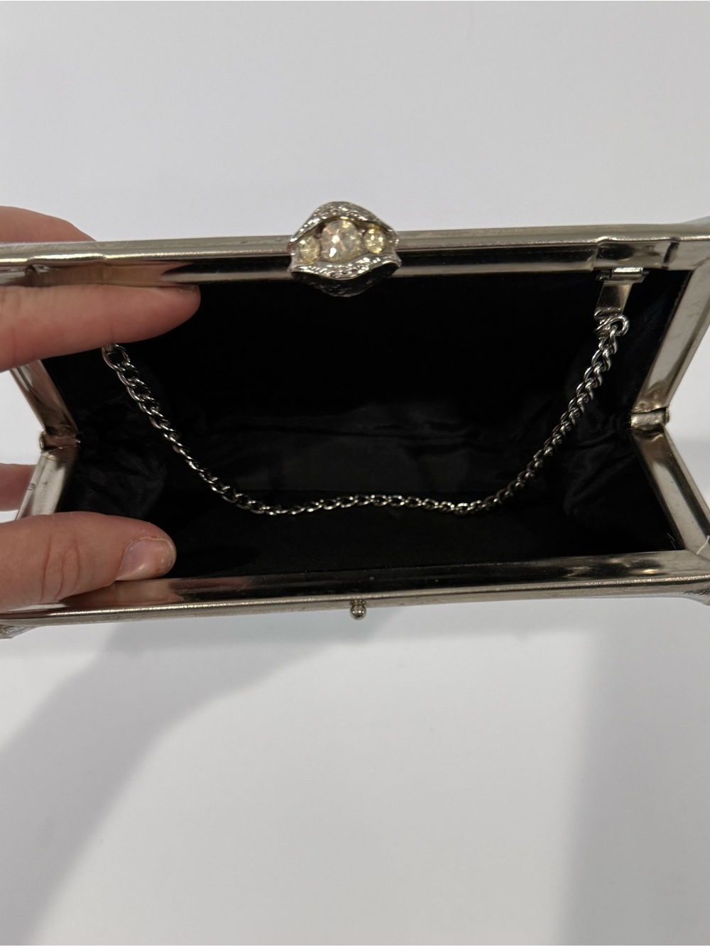 Classic Vintage Midcentury Metallic Silver Evening Bag, Chain, Jeweled Clasp